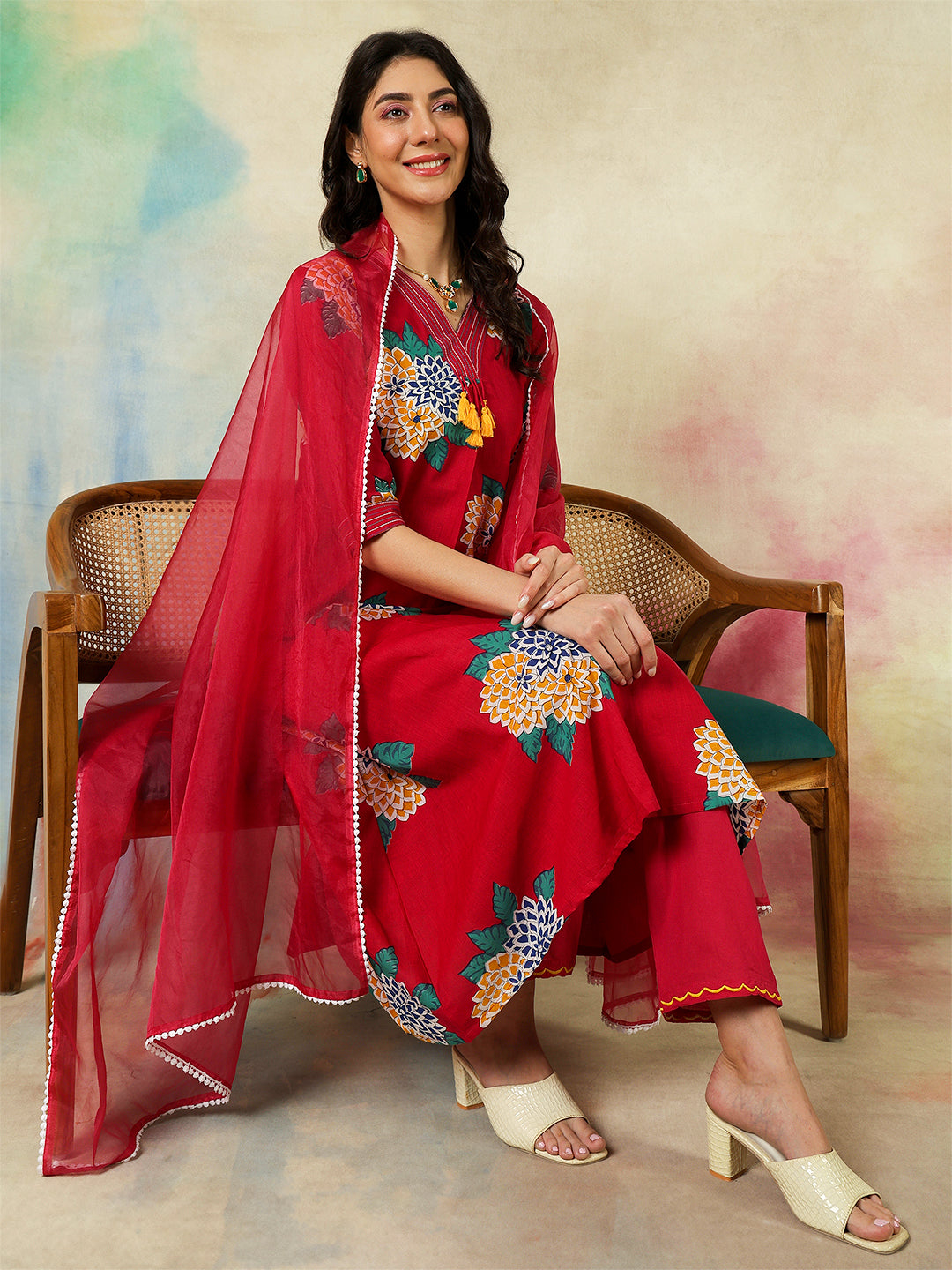 Rayon Calf Length Printed A-Line3/4 Sleeves V-Neck Kurta Suit Set With Dupatta (Preorder)