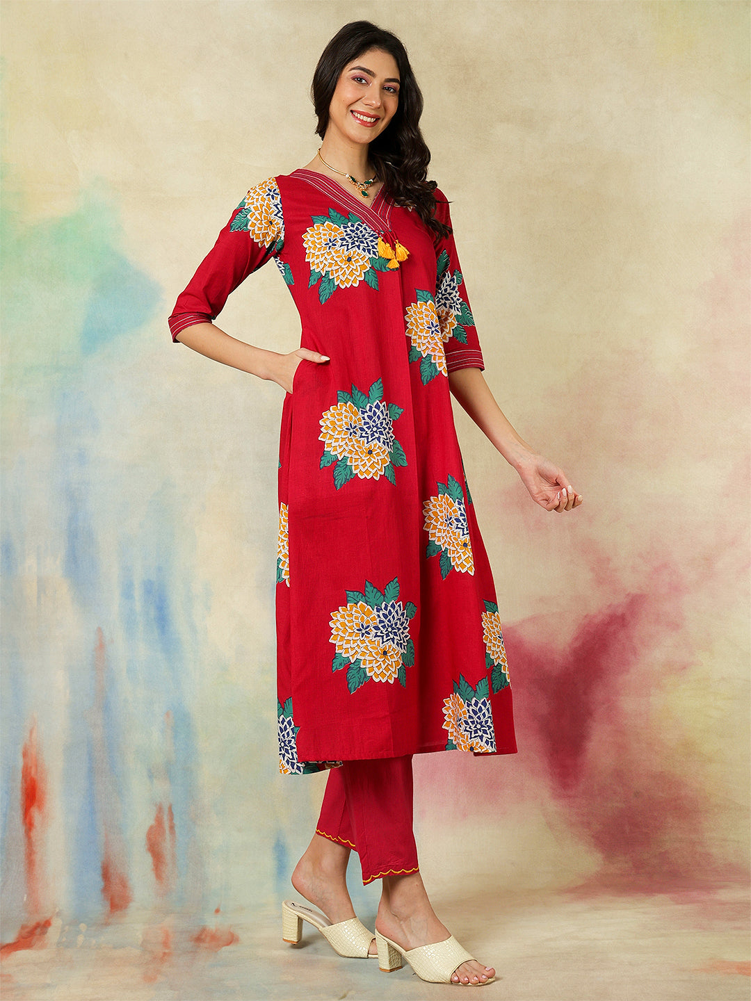 Rayon Calf Length Printed A-Line3/4 Sleeves V-Neck Kurta Suit Set With Dupatta (Preorder)