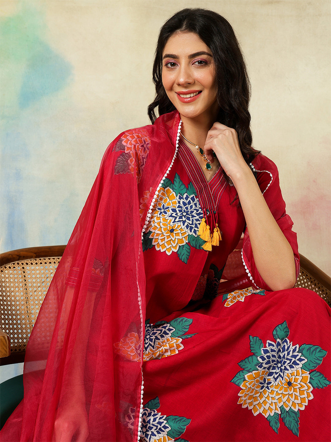 Rayon Calf Length Printed A-Line3/4 Sleeves V-Neck Kurta Suit Set With Dupatta (Preorder)