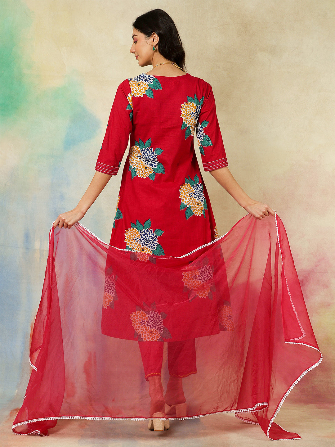 Rayon Calf Length Printed A-Line3/4 Sleeves V-Neck Kurta Suit Set With Dupatta (Preorder)