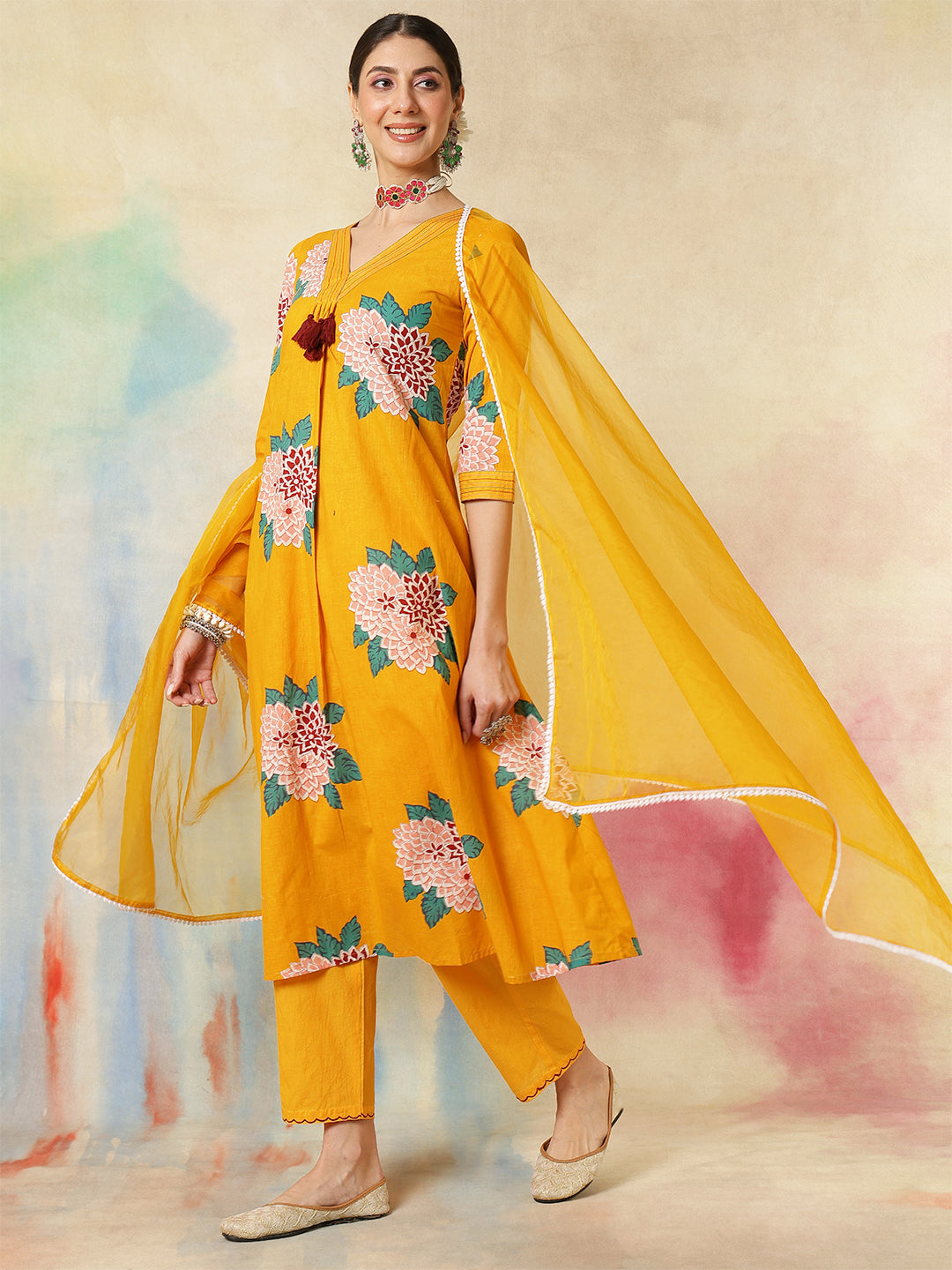 Rayon Calf Length Printed A-Line3/4 Sleeves V-Neck Kurta Suit Set With Dupatta (Preorder)