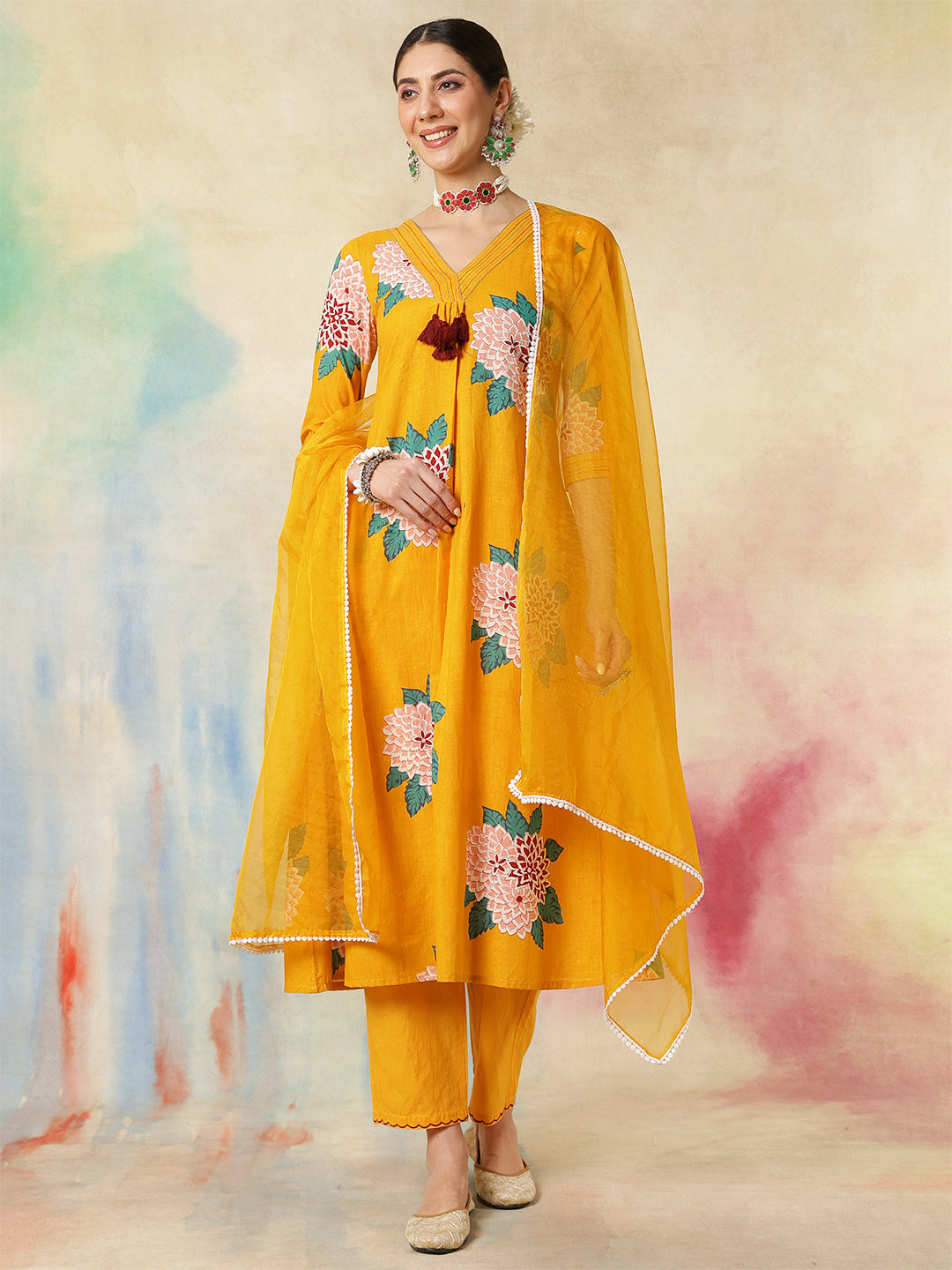 Rayon Calf Length Printed A-Line3/4 Sleeves V-Neck Kurta Suit Set With Dupatta (Preorder)