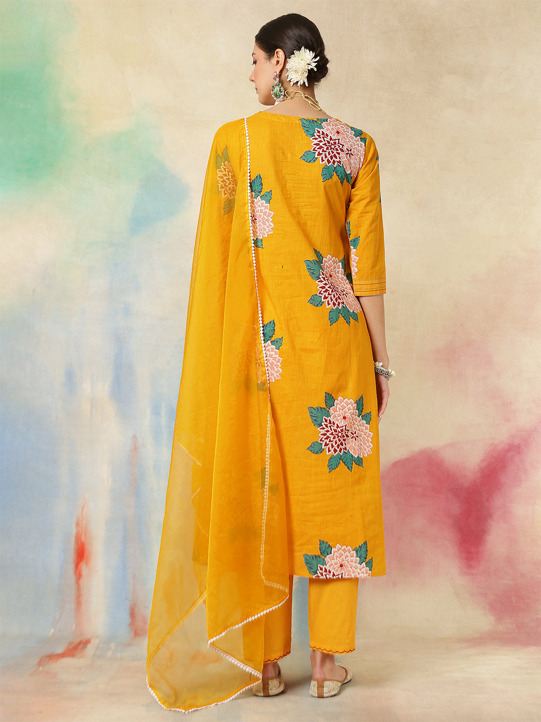 Rayon Calf Length Printed A-Line3/4 Sleeves V-Neck Kurta Suit Set With Dupatta (Preorder)