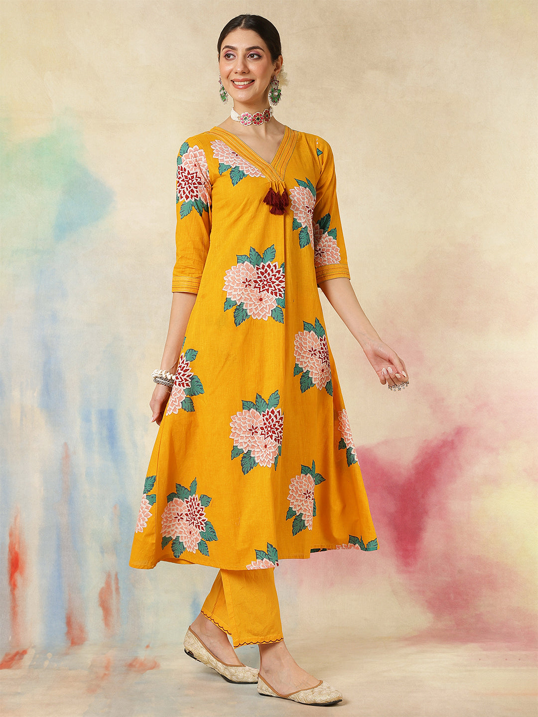 Rayon Calf Length Printed A-Line3/4 Sleeves V-Neck Kurta Suit Set With Dupatta (Preorder)