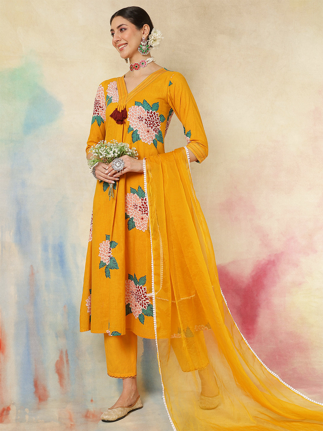 Rayon Calf Length Printed A-Line3/4 Sleeves V-Neck Kurta Suit Set With Dupatta (Preorder)