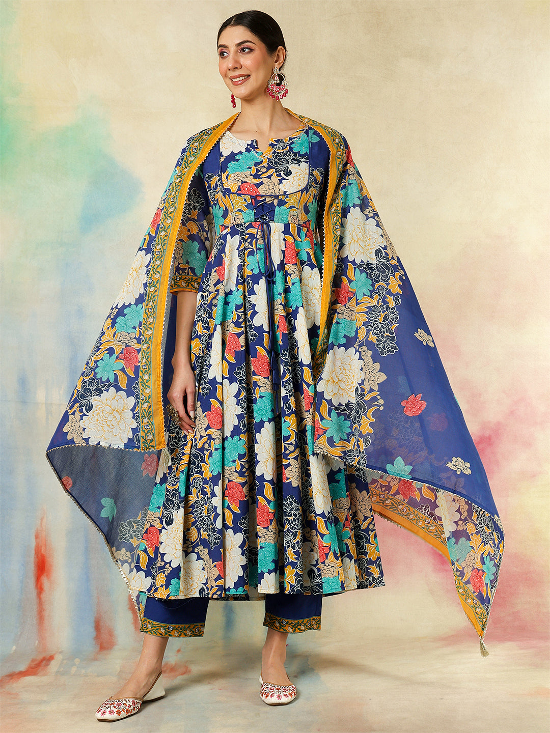 Cotton Flared Printed A-Line3/4 Sleeves Round Neck Kurta Suit Set With Dupatta