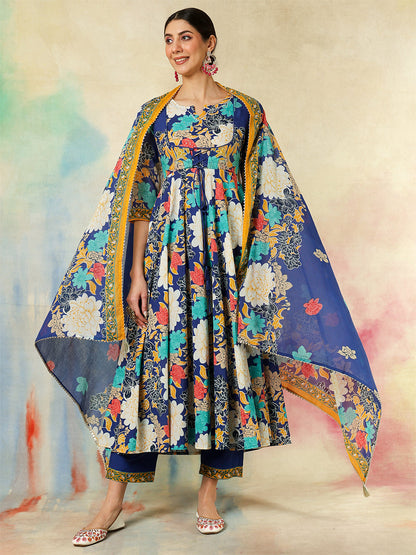 Cotton Flared Printed A-Line3/4 Sleeves Round Neck Kurta Suit Set With Dupatta (Preorder)