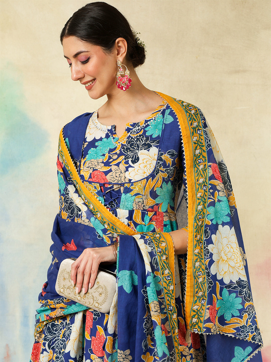 Cotton Flared Printed A-Line3/4 Sleeves Round Neck Kurta Suit Set With Dupatta