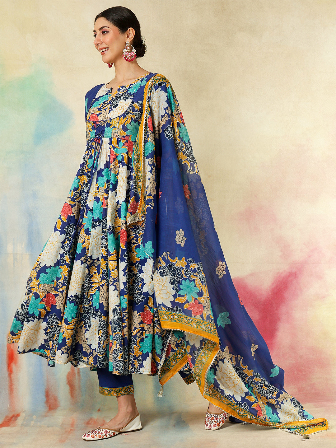 Cotton Flared Printed A-Line3/4 Sleeves Round Neck Kurta Suit Set With Dupatta