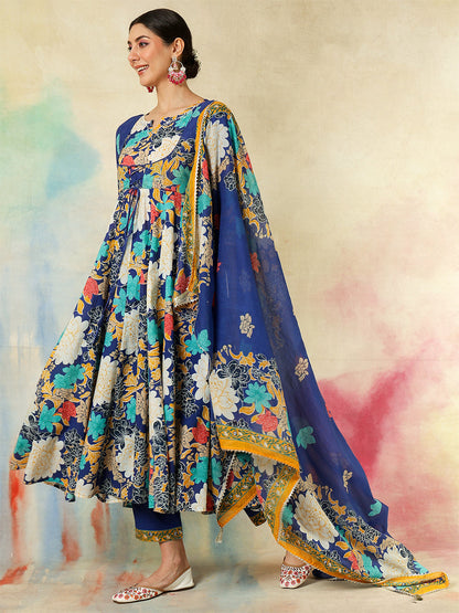 Cotton Flared Printed A-Line3/4 Sleeves Round Neck Kurta Suit Set With Dupatta