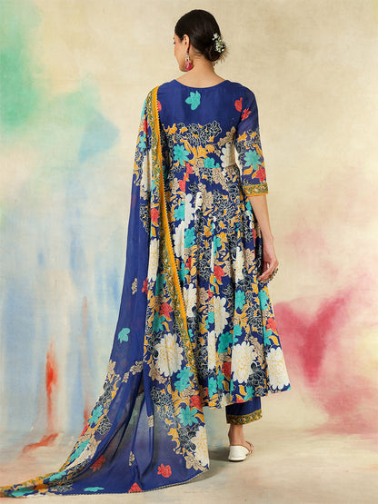 Cotton Flared Printed A-Line3/4 Sleeves Round Neck Kurta Suit Set With Dupatta