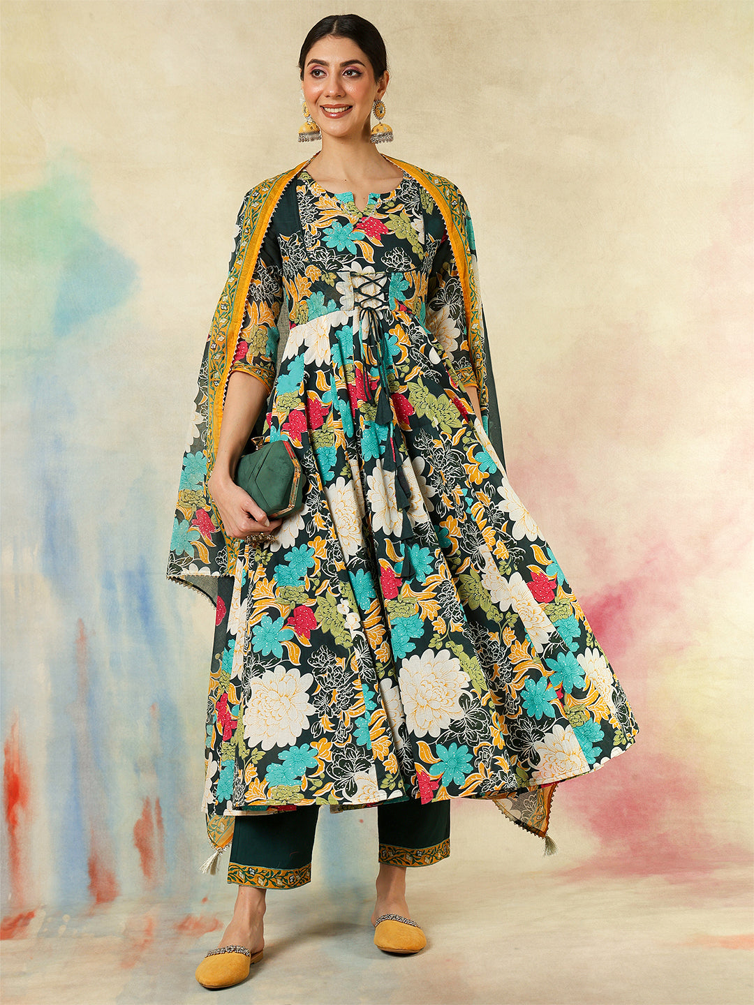 Cotton Flared Printed A-Line3/4 Sleeves Round Neck Kurta Suit Set With Dupatta