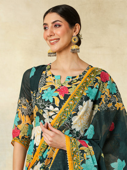 Cotton Flared Printed A-Line3/4 Sleeves Round Neck Kurta Suit Set With Dupatta