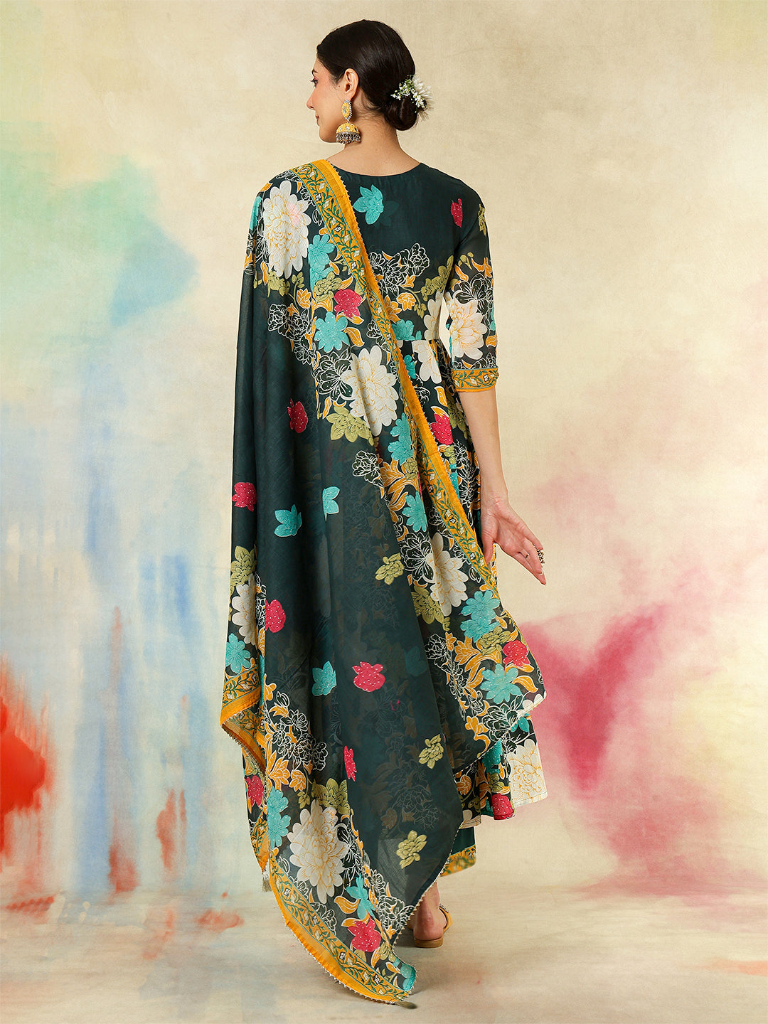 Cotton Flared Printed A-Line3/4 Sleeves Round Neck Kurta Suit Set With Dupatta