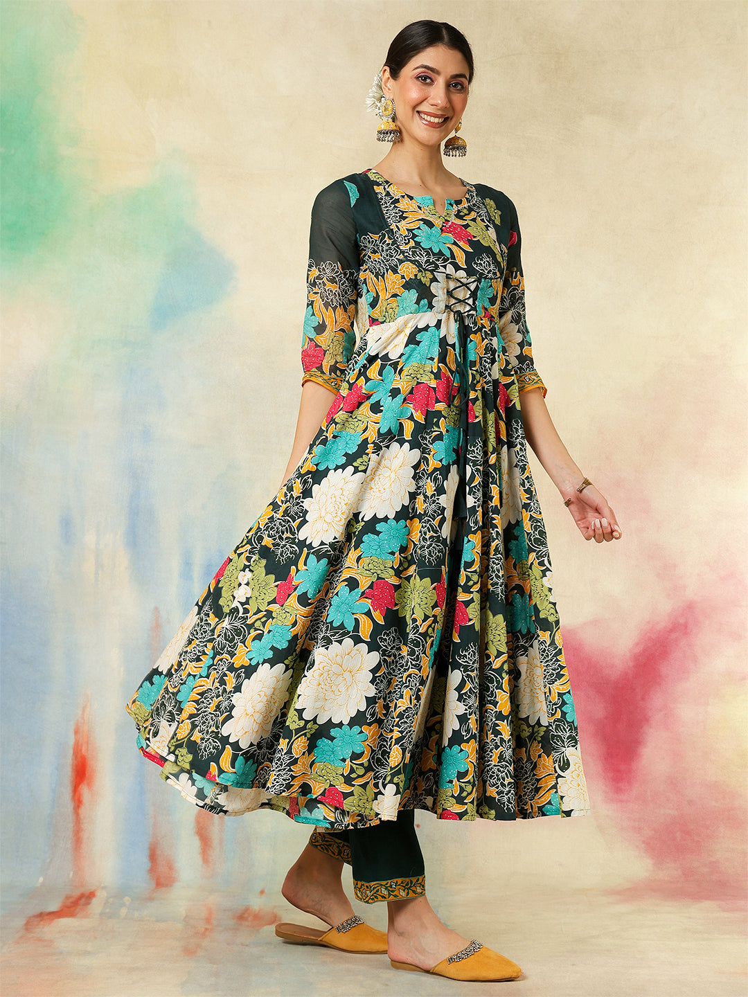 Cotton Flared Printed A-Line3/4 Sleeves Round Neck Kurta Suit Set With Dupatta