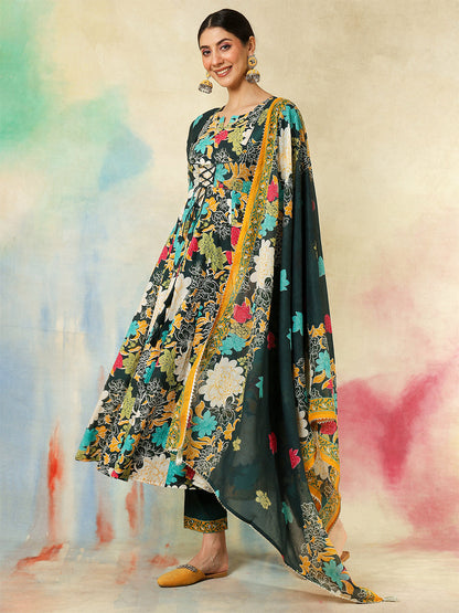 Cotton Flared Printed A-Line3/4 Sleeves Round Neck Kurta Suit Set With Dupatta