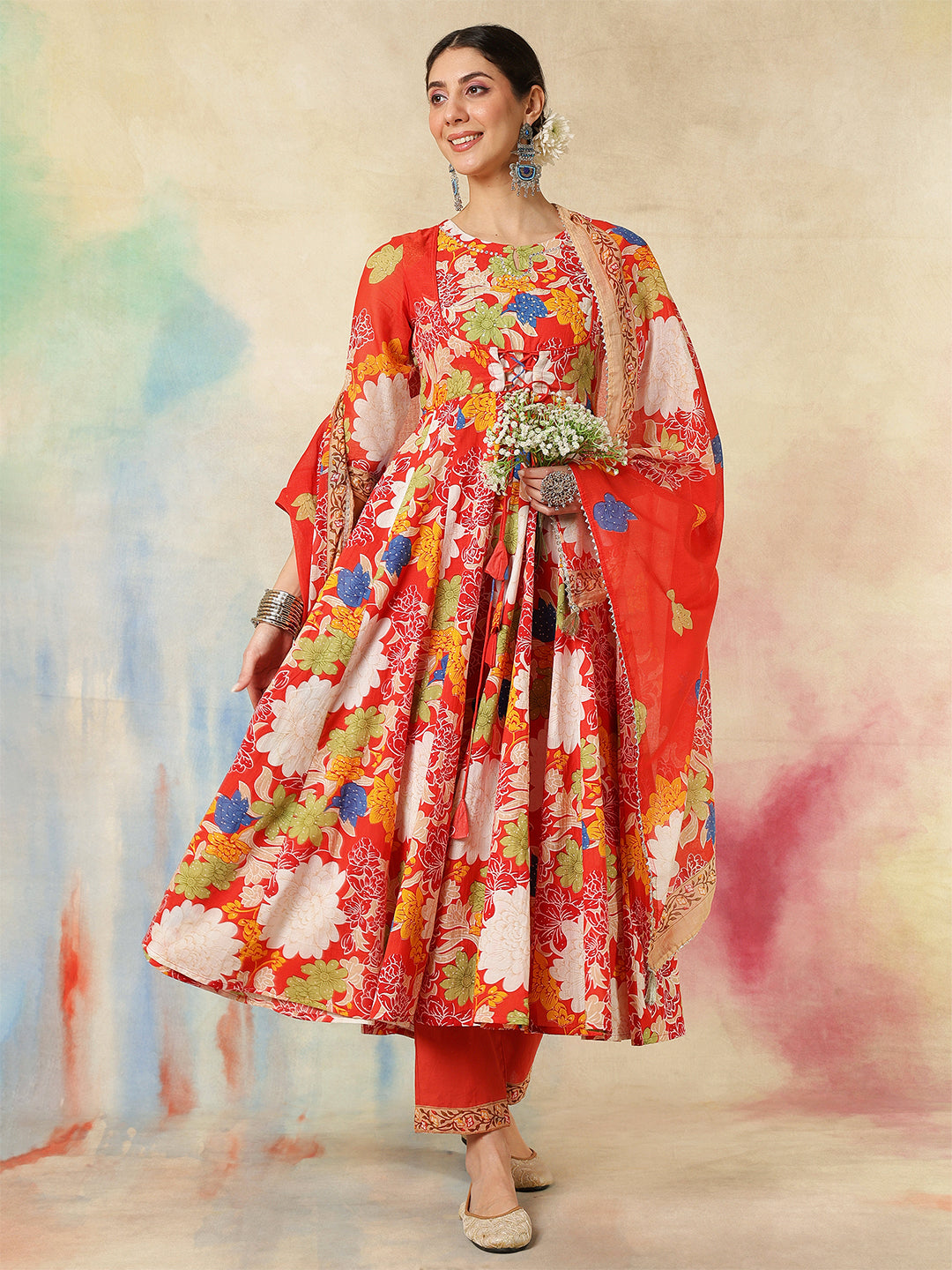 Cotton Flared Printed A-Line3/4 Sleeves Round Neck Kurta Suit Set With Dupatta (Preorder)