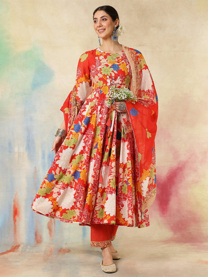 Cotton Flared Printed A-Line3/4 Sleeves Round Neck Kurta Suit Set With Dupatta (Preorder)