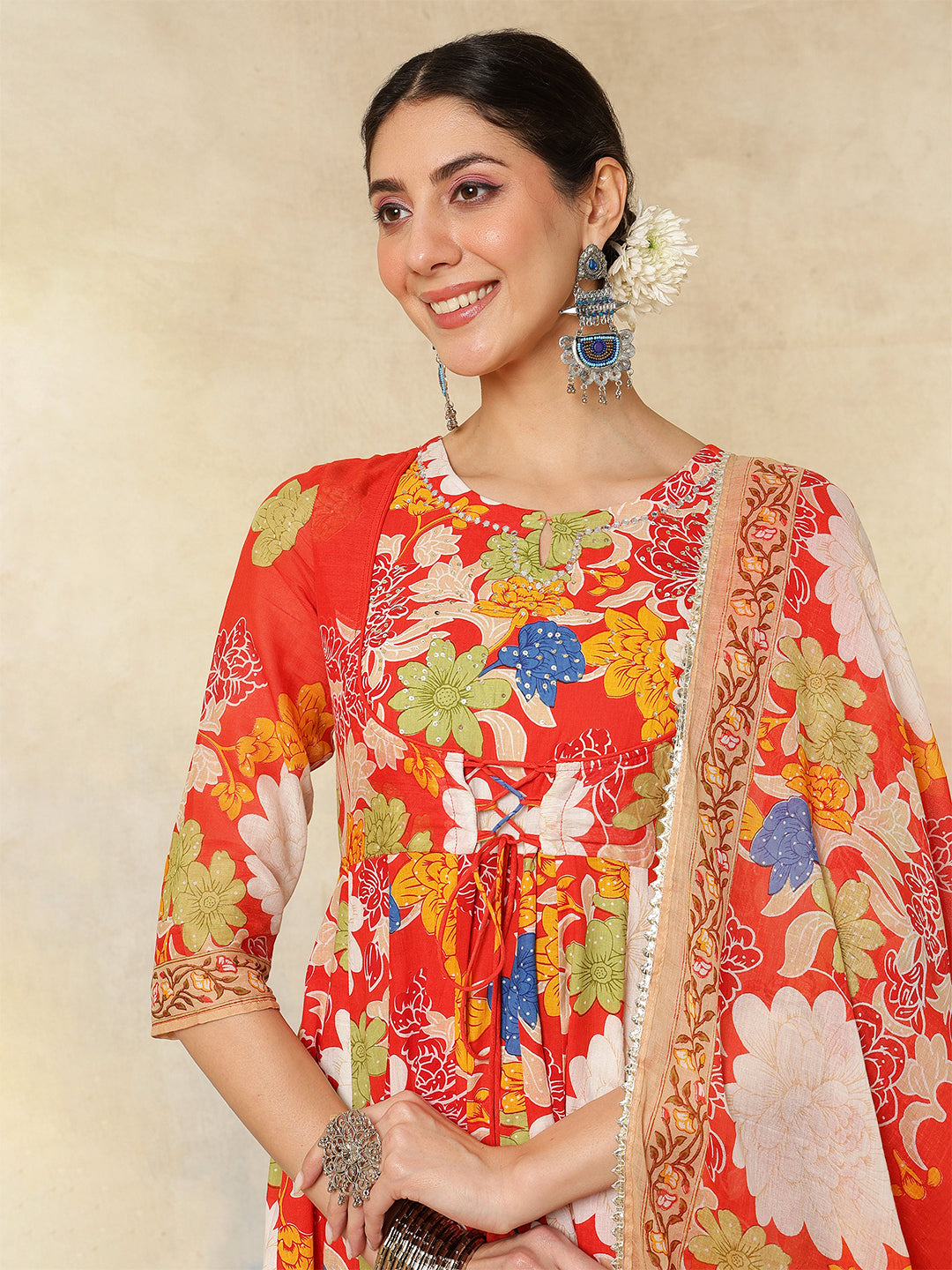 Cotton Flared Printed A-Line3/4 Sleeves Round Neck Kurta Suit Set With Dupatta (Preorder)