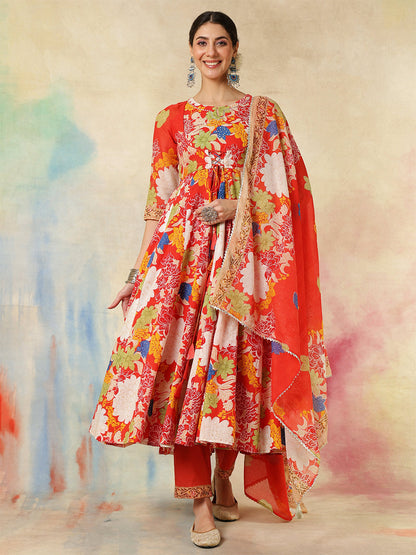 Cotton Flared Printed A-Line3/4 Sleeves Round Neck Kurta Suit Set With Dupatta (Preorder)