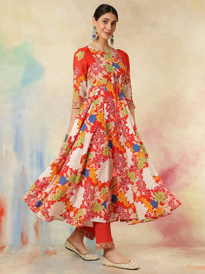 Cotton Flared Printed A-Line3/4 Sleeves Round Neck Kurta Suit Set With Dupatta (Preorder)