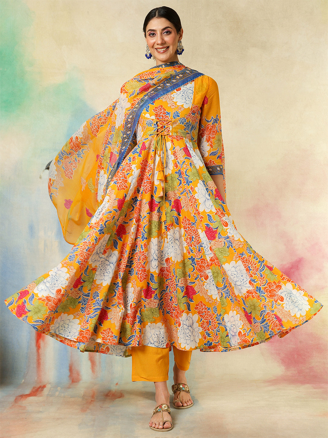 Cotton Flared Printed A-Line3/4 Sleeves Round Neck Kurta Suit Set With Dupatta (Preorder)
