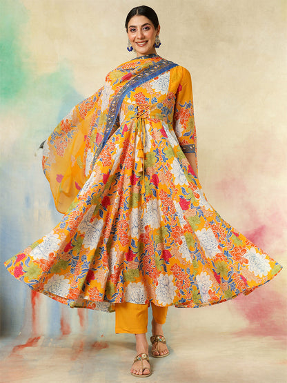Cotton Flared Printed A-Line3/4 Sleeves Round Neck Kurta Suit Set With Dupatta (Preorder)