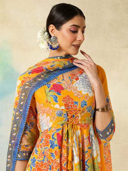 Cotton Flared Printed A-Line3/4 Sleeves Round Neck Kurta Suit Set With Dupatta