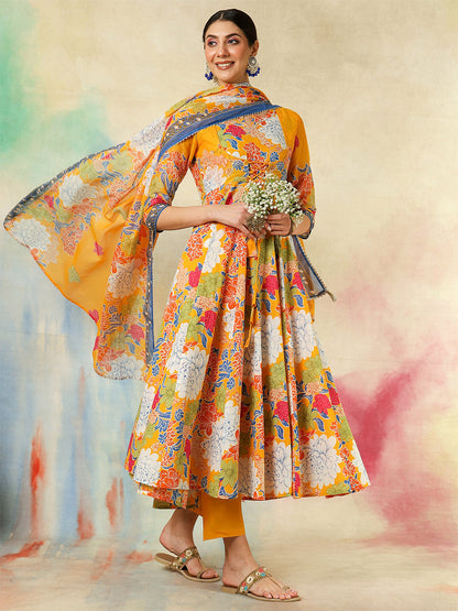 Cotton Flared Printed A-Line3/4 Sleeves Round Neck Kurta Suit Set With Dupatta (Preorder)