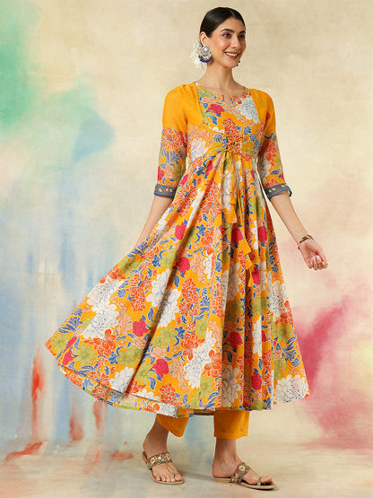 Cotton Flared Printed A-Line3/4 Sleeves Round Neck Kurta Suit Set With Dupatta