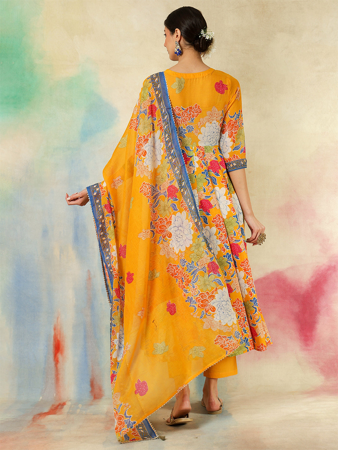 Cotton Flared Printed A-Line3/4 Sleeves Round Neck Kurta Suit Set With Dupatta (Preorder)