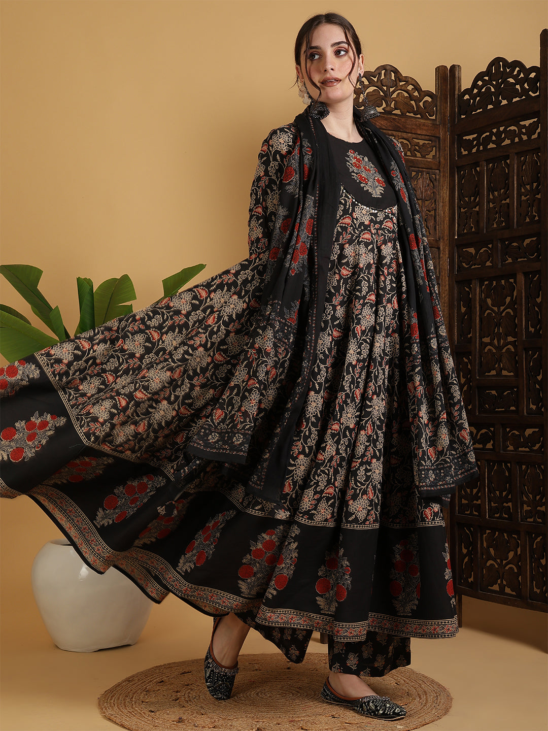Cotton Flared Printed Embroidered A-Line3/4 Sleeves Round Neck Kurta Suit Set With Dupatta