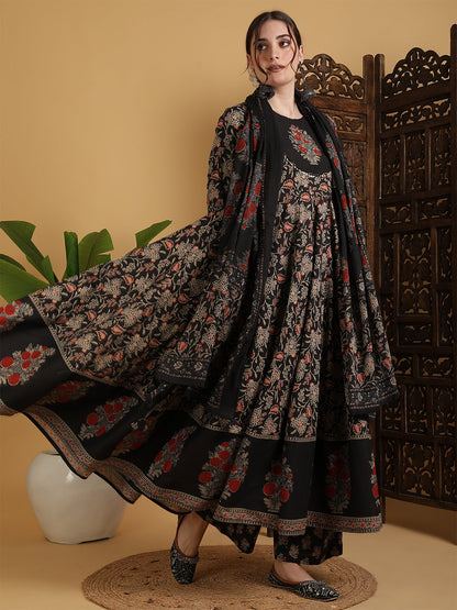 Cotton Flared Printed Embroidered A-Line3/4 Sleeves Round Neck Kurta Suit Set With Dupatta