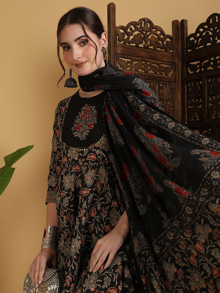 Cotton Flared Printed Embroidered A-Line3/4 Sleeves Round Neck Kurta Suit Set With Dupatta