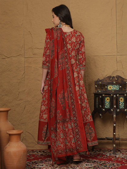 Cotton Calf Length Printed 3/4 Sleeves Round Neck Anarkali Kurta Bottom With Dupatta (Preorder)