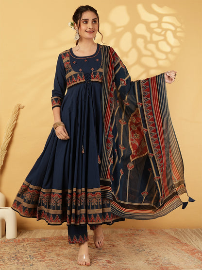 Cotton Calf Length Printed Embroidered A-Line3/4 Sleeves Round Neck Kurta Suit Set With Dupatta