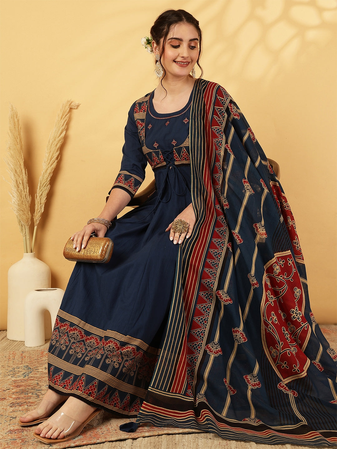 Cotton Calf Length Printed Embroidered A-Line3/4 Sleeves Round Neck Kurta Suit Set With Dupatta
