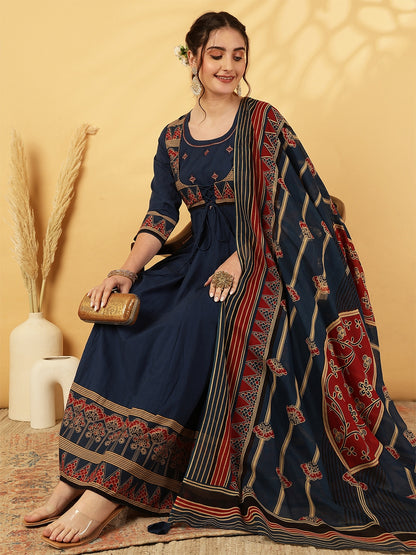 Cotton Calf Length Printed Embroidered A-Line3/4 Sleeves Round Neck Kurta Suit Set With Dupatta
