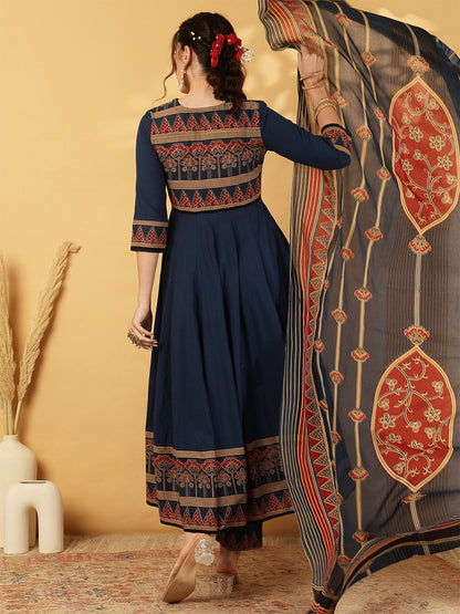 Cotton Calf Length Printed Embroidered A-Line3/4 Sleeves Round Neck Kurta Suit Set With Dupatta