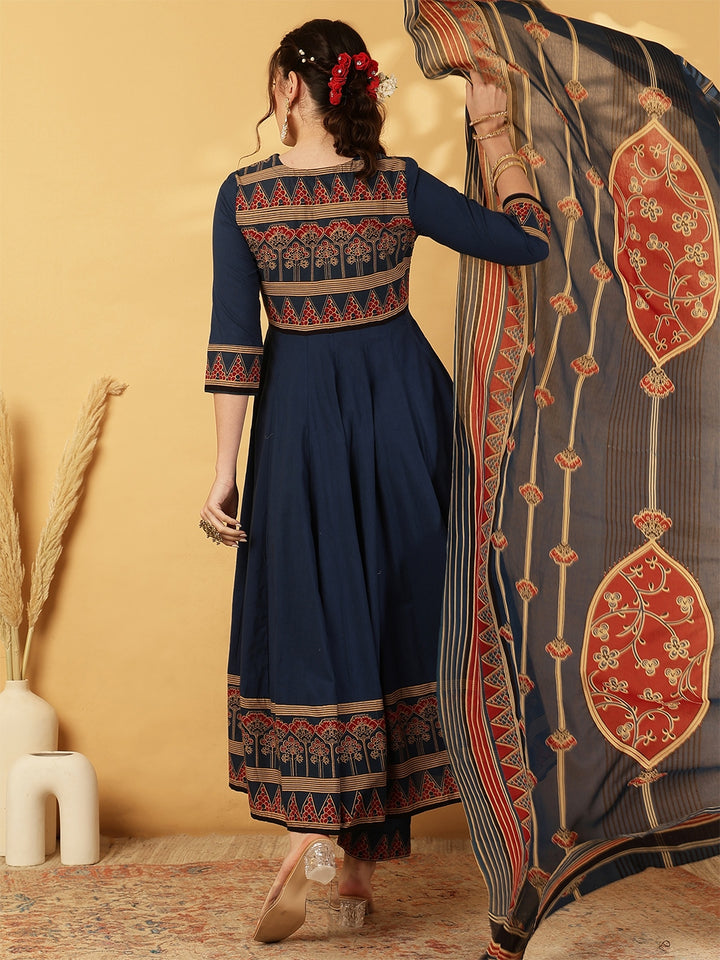 Cotton Calf Length Printed Embroidered A-Line3/4 Sleeves Round Neck Kurta Suit Set With Dupatta