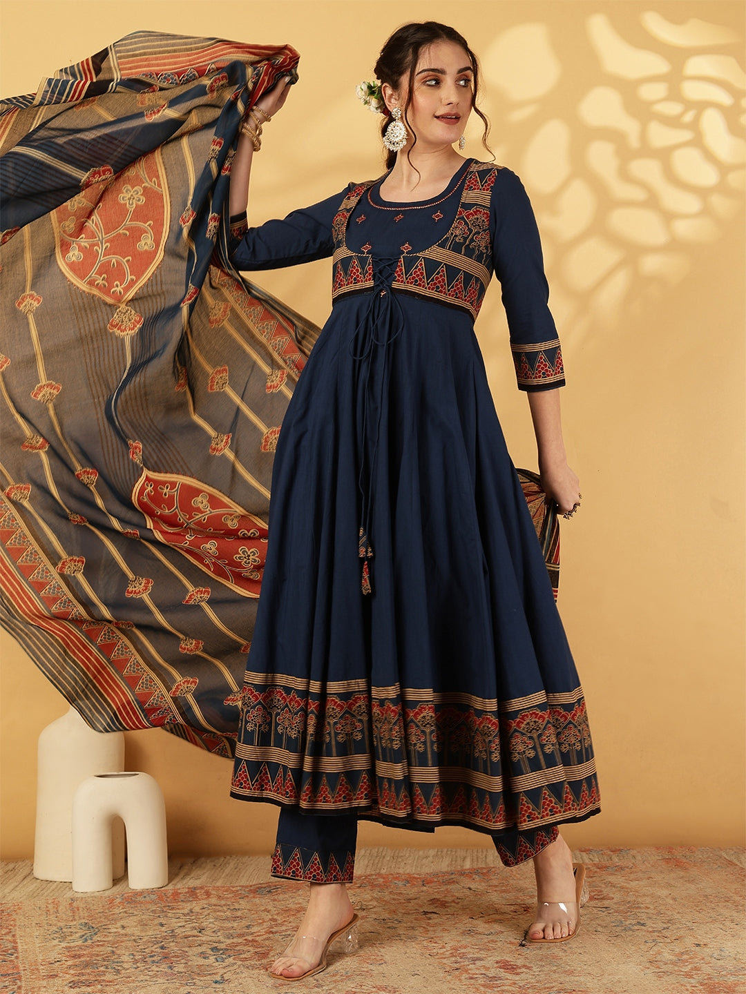 Cotton Calf Length Printed Embroidered A-Line3/4 Sleeves Round Neck Kurta Suit Set With Dupatta