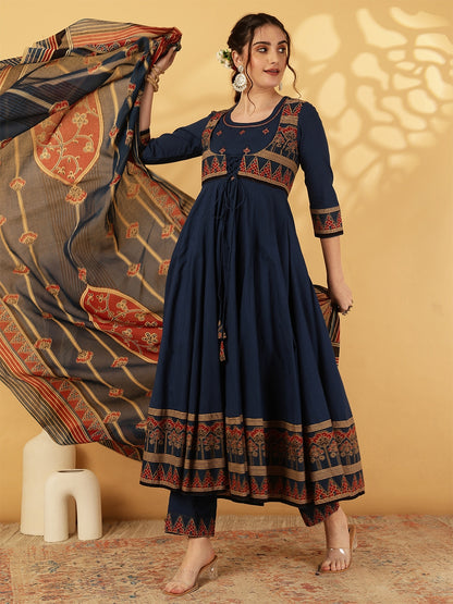 Cotton Calf Length Printed Embroidered A-Line3/4 Sleeves Round Neck Kurta Suit Set With Dupatta