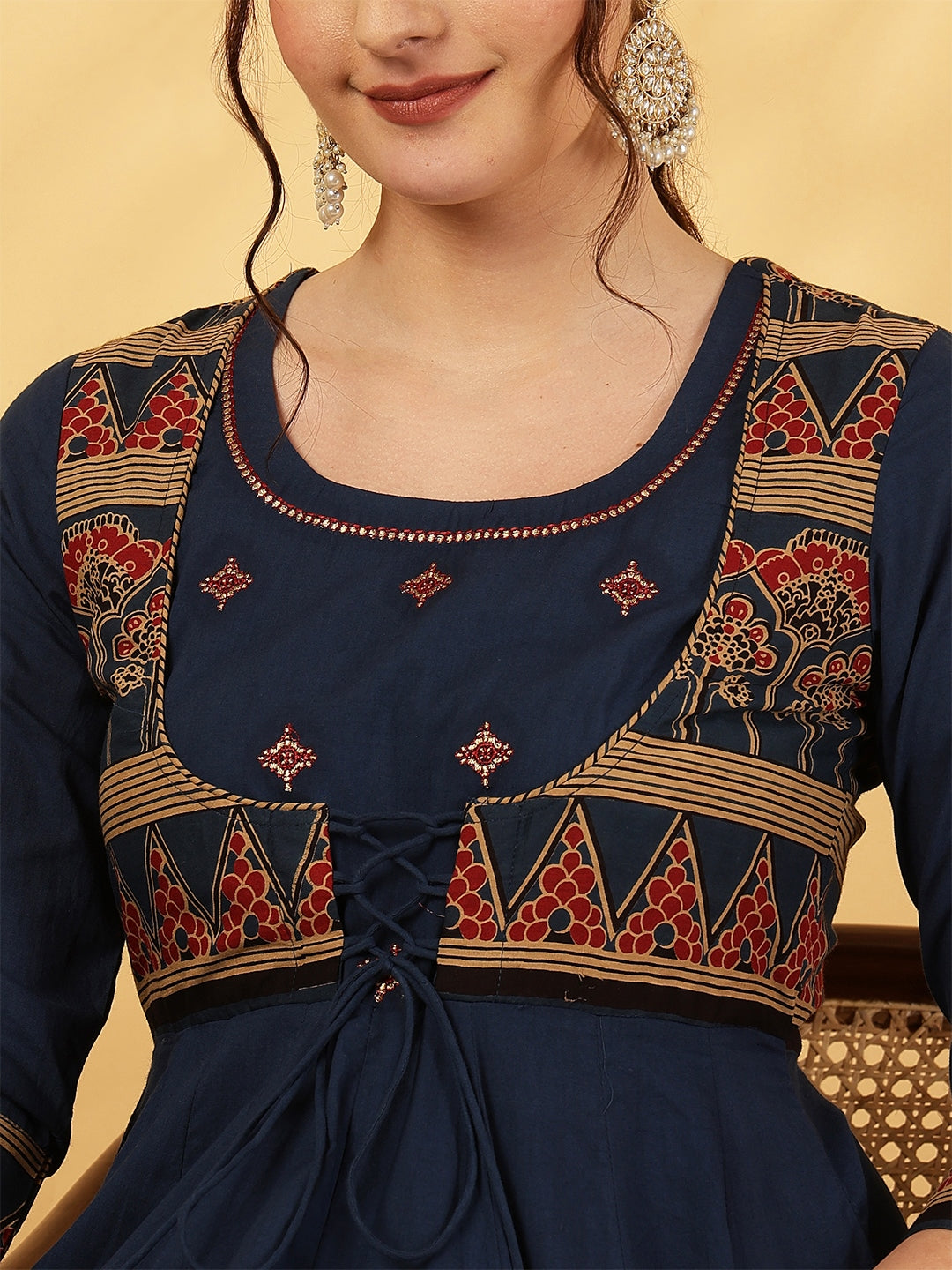 Cotton Calf Length Printed Embroidered A-Line3/4 Sleeves Round Neck Kurta Suit Set With Dupatta