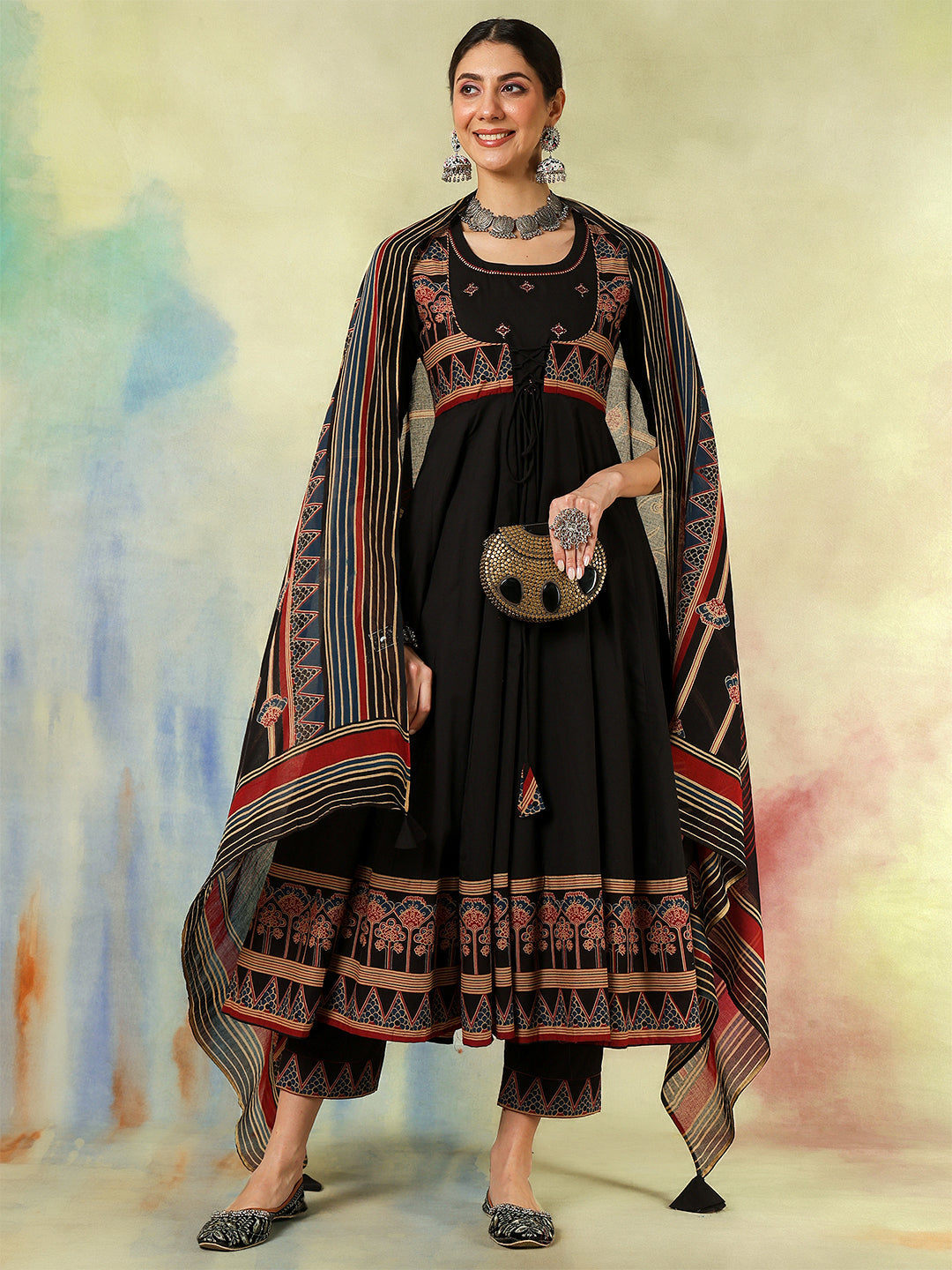 Cotton Calf Length Printed Embroidered A-Line3/4 Sleeves Round Neck Kurta Suit Set With Dupatta