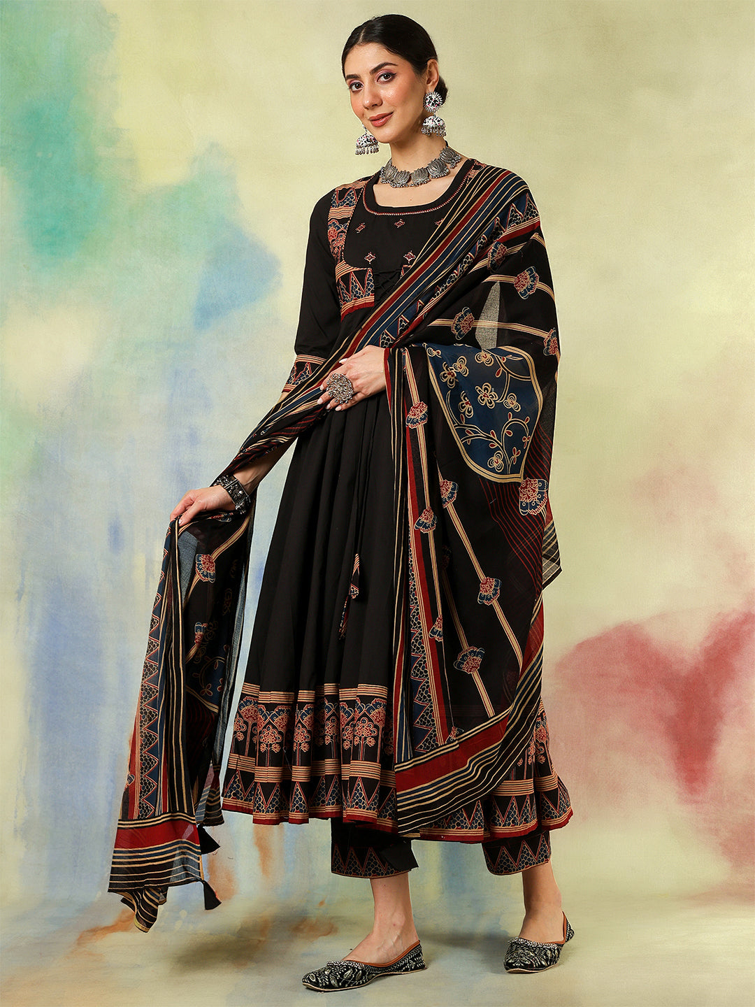 Cotton Calf Length Printed Embroidered A-Line3/4 Sleeves Round Neck Kurta Suit Set With Dupatta