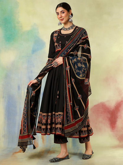 Cotton Calf Length Printed Embroidered A-Line3/4 Sleeves Round Neck Kurta Suit Set With Dupatta