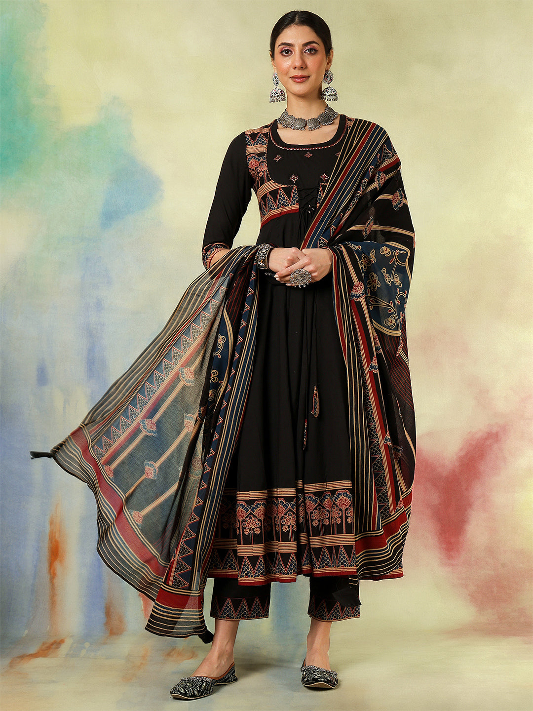 Cotton Calf Length Printed Embroidered A-Line3/4 Sleeves Round Neck Kurta Suit Set With Dupatta