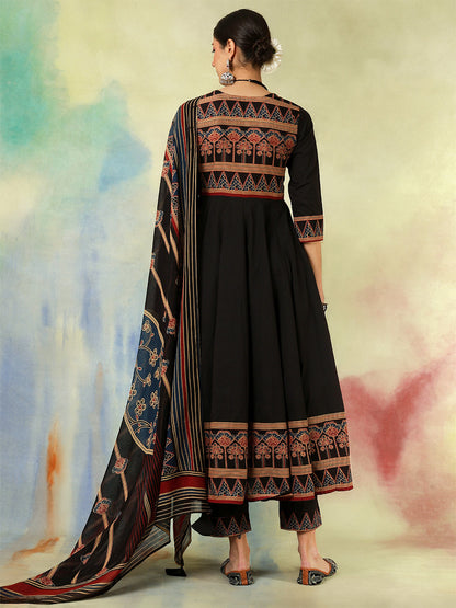 Cotton Calf Length Printed Embroidered A-Line3/4 Sleeves Round Neck Kurta Suit Set With Dupatta