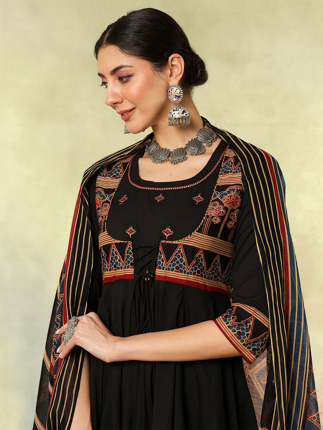Cotton Calf Length Printed Embroidered A-Line3/4 Sleeves Round Neck Kurta Suit Set With Dupatta