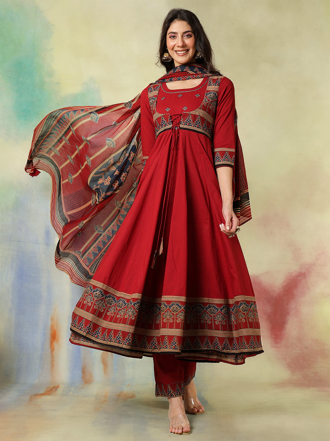 Cotton Calf Length Printed Embroidered A-Line3/4 Sleeves Round Neck Kurta Suit Set With Dupatta